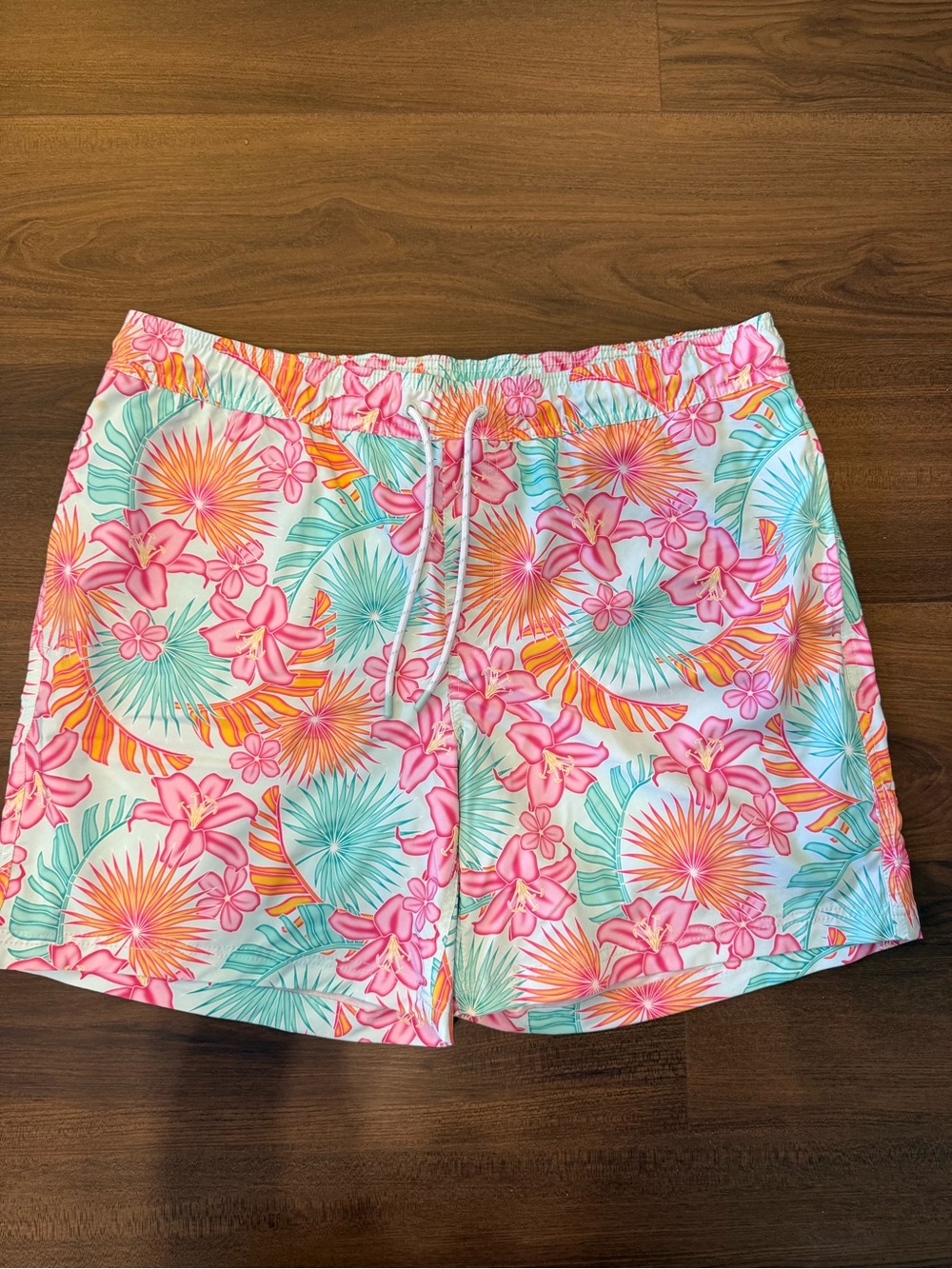 Floral Pink & Teal Men’s Elastic Waist Swim Shorts